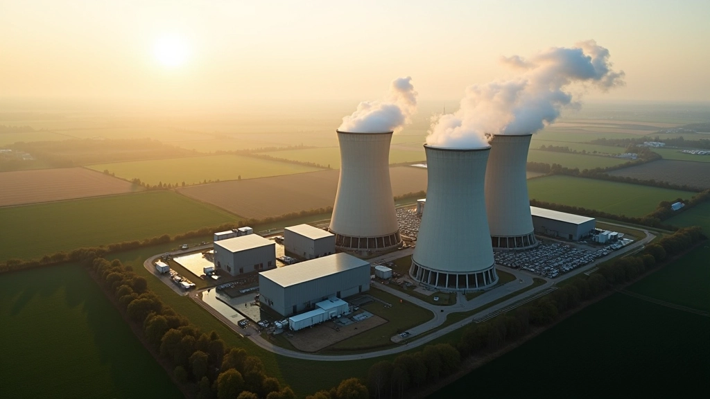 Dukovany elektrárna s charakteristickými chladicími věžemi v krajině na Moravě