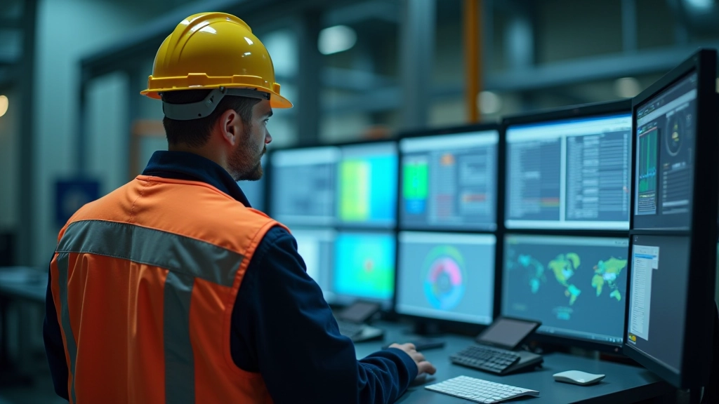 Kontrolní panel v řídící místnosti jaderné elektrárny s techniky v oranžových vestách