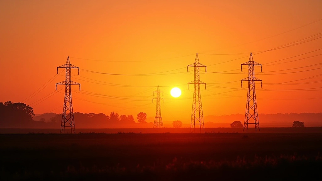 Elektrické vedení a transformátor během západu slunce
