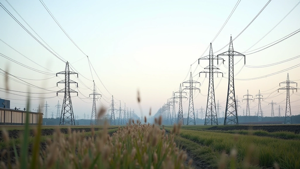 Průmyslový krajina s elektrickými vedení a transformátory