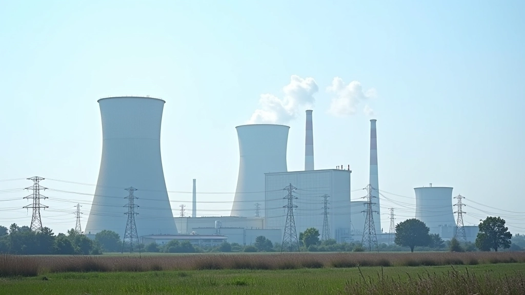 Průmyslová elektrárna s kouřem a elektrickými vedením pod oblohou