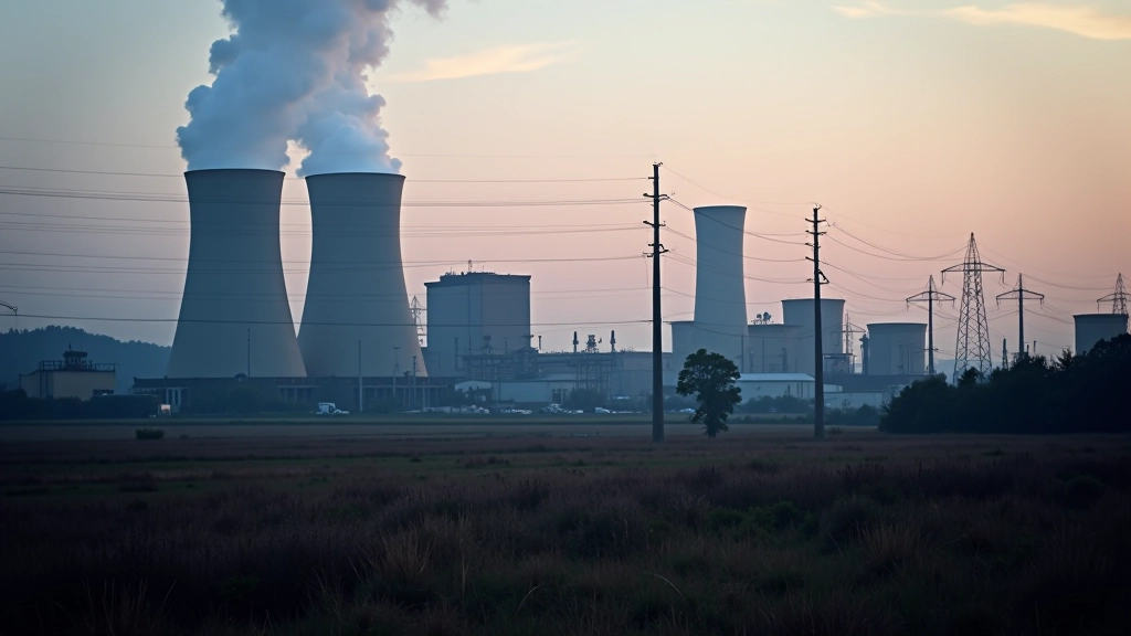 Průmyslová elektrárna s chladícími věžemi a elektrickými infrastrukturami