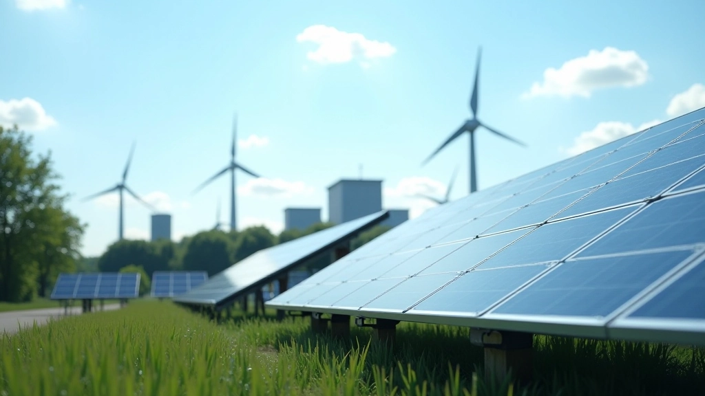 Moderní energetická stanice s solárními panely a větrným mlýnem v pozadí