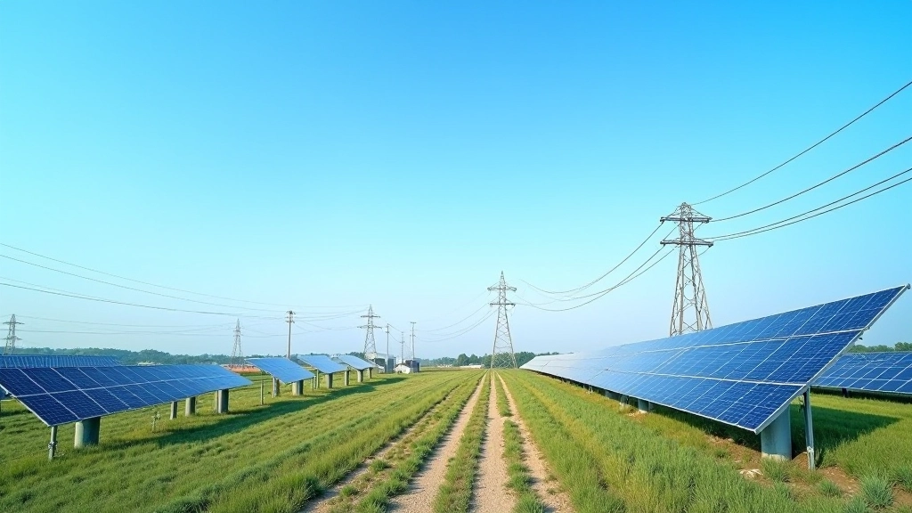 Moderní energetická infrastruktura s solárními panely a elektrickými vedení