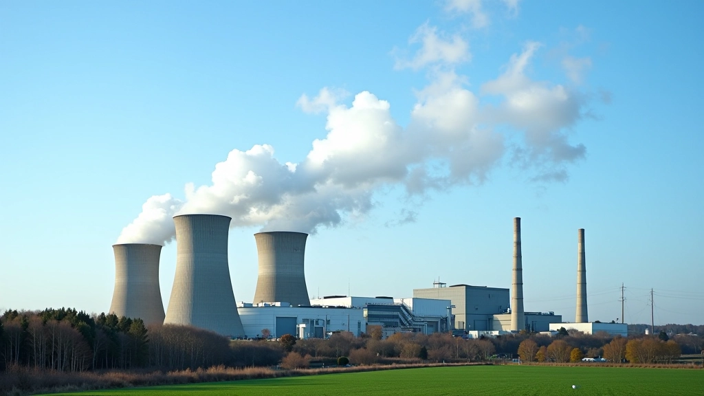 Jaderná elektrárna s chladicími věžemi proti modrému obloze