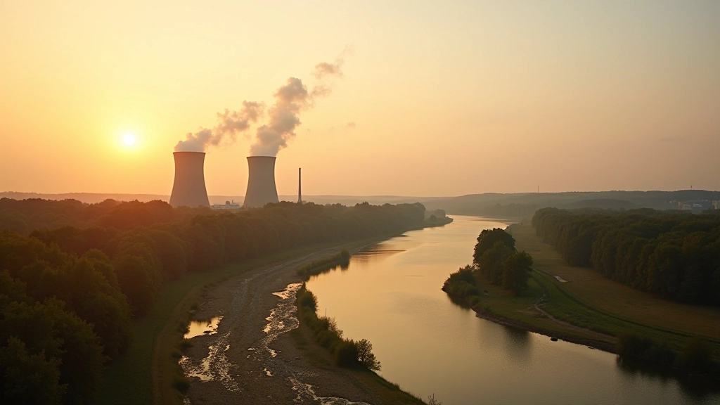 Temelínská elektrárna s chladicími věžemi nad řekou Vltavou v zemědělské krajině